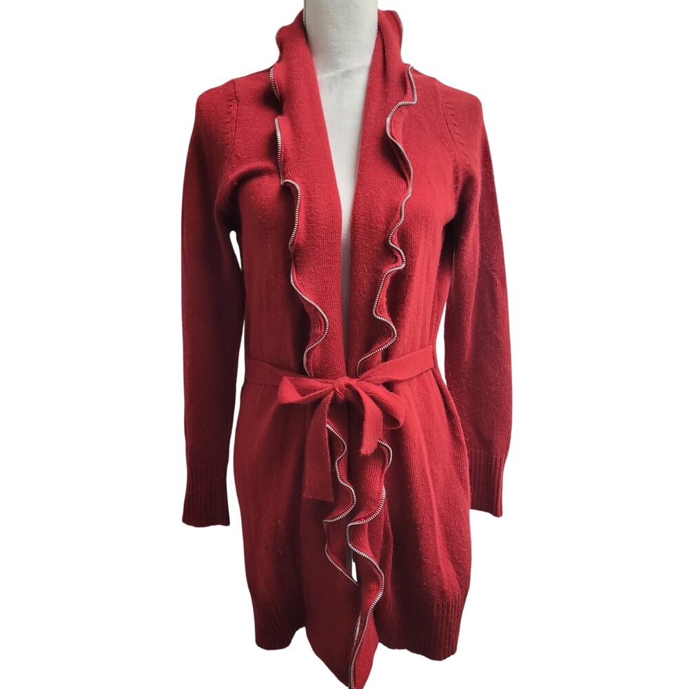 BCBGmaxazria angora wool ruffle zipper cardigan sweater red